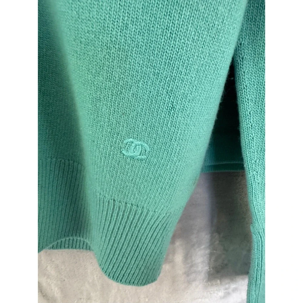 Chanel Vintage Cashmere Skirt Suit Teal Green Gold CC Buttons Scotland Sz 8 10